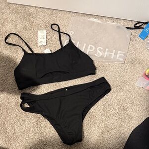 Cupshe Black Textured Scoop Bralette Bikini Set